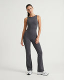 Ghost mannequin front view of the ash backless flare bodysuit showing the high neckline and flared leg silhouette.