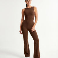 Front view of brown backless flare bodysuit on ghost mannequin showing high neckline and full-length flared legs.