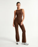 Front view of brown backless flare bodysuit on ghost mannequin showing high neckline and full-length flared legs.