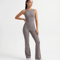 Ghost mannequin front view of purple backless flare bodysuit showing high waist seam and sculpting fit.