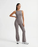 Ghost mannequin front view of purple backless flare bodysuit showing high waist seam and sculpting fit.