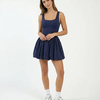Women Square Neck Tennis Dress Bubble Hem Athletic Mini Dress Navy Blue