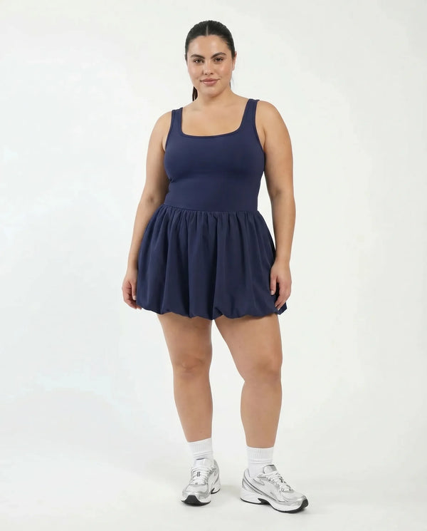 Women Square Neck Tennis Dress Bubble Hem Athletic Mini Dress Navy Blue