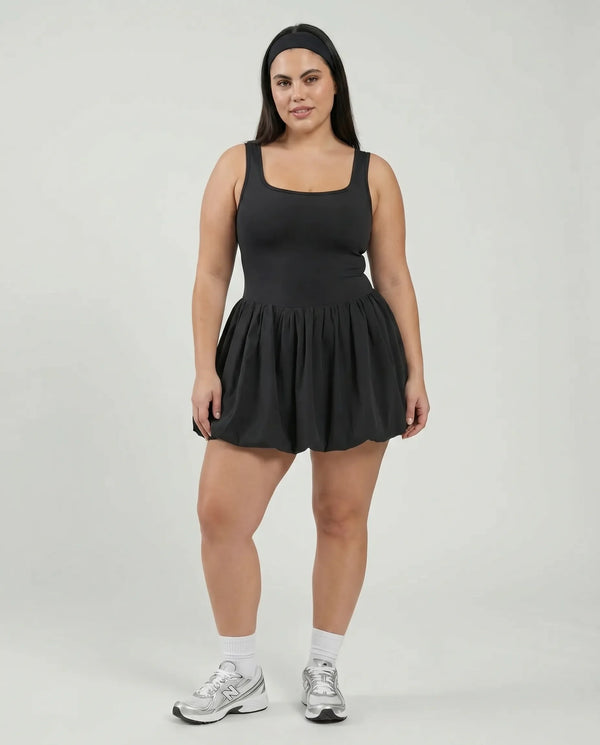 Women Square Neck Tennis Dress Bubble Hem Athletic Mini Dress Black