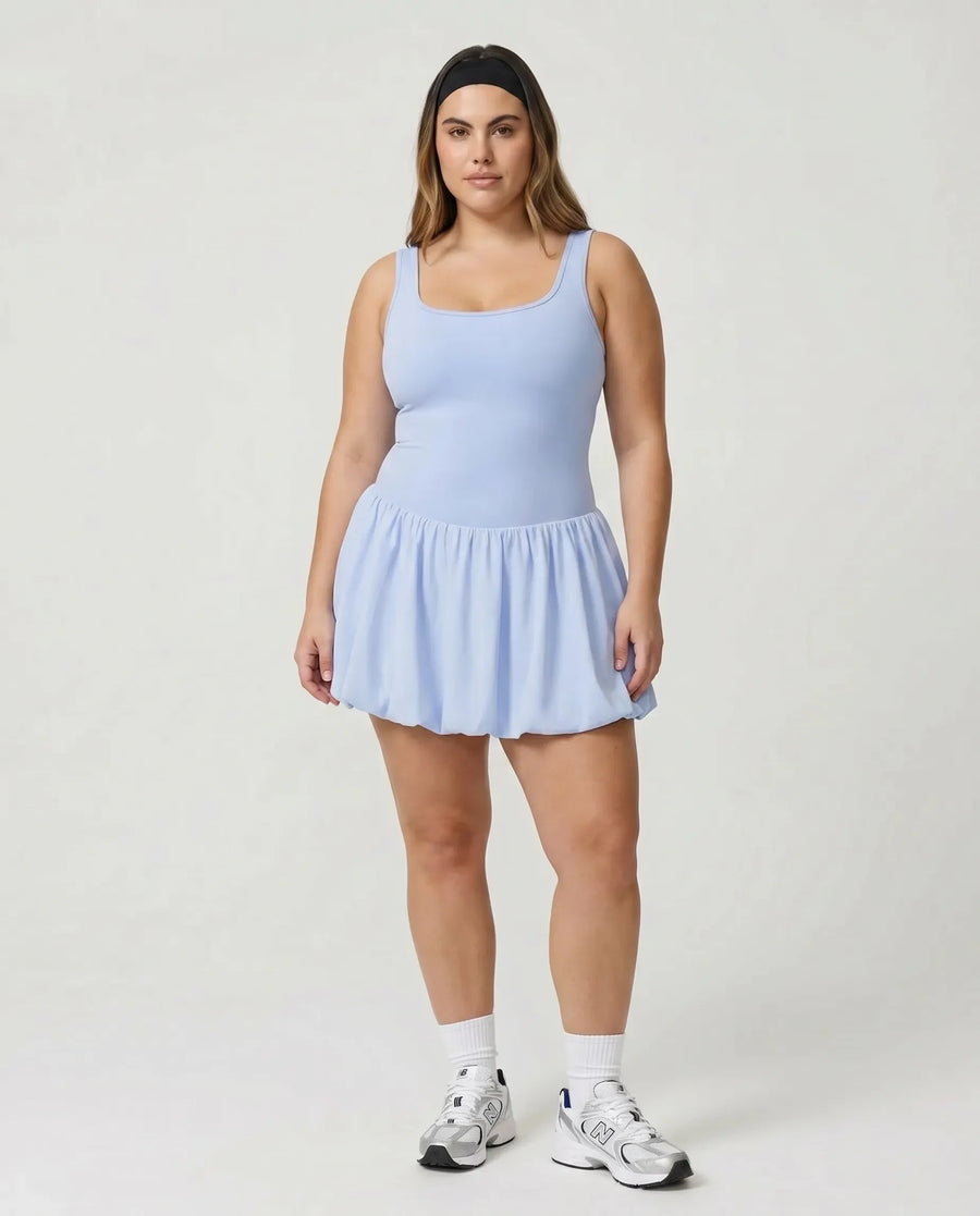 Women Square Neck Tennis Dress Bubble Hem Athletic Mini Dress Baby Blue