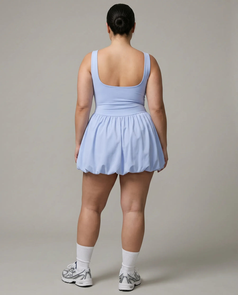 Women Square Neck Tennis Dress Bubble Hem Athletic Mini Dress Baby Blue