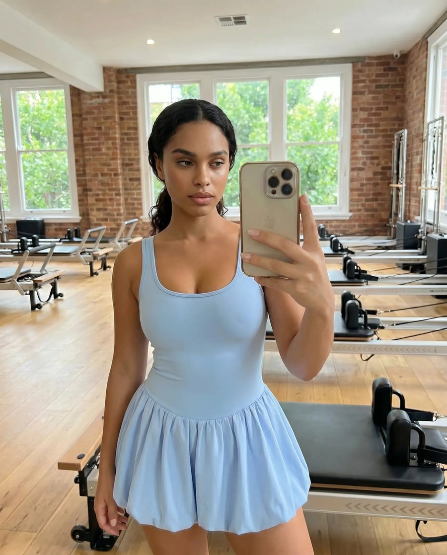 Women Square Neck Tennis Dress Bubble Hem Athletic Mini Dress Baby Blue