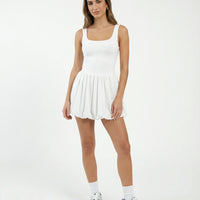 Women Square Neck Tennis Dress Bubble Hem Athletic Mini Dress White