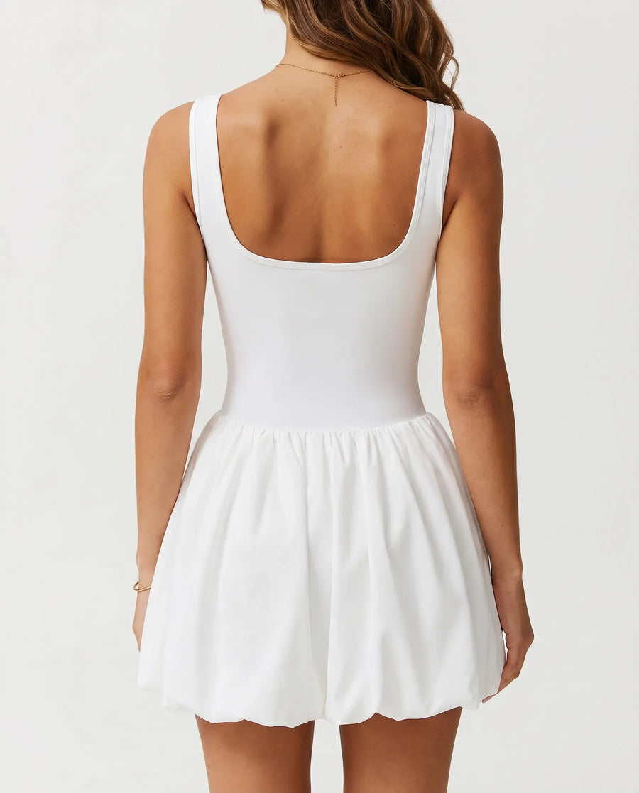 Women Square Neck Tennis Dress Bubble Hem Athletic Mini Dress White