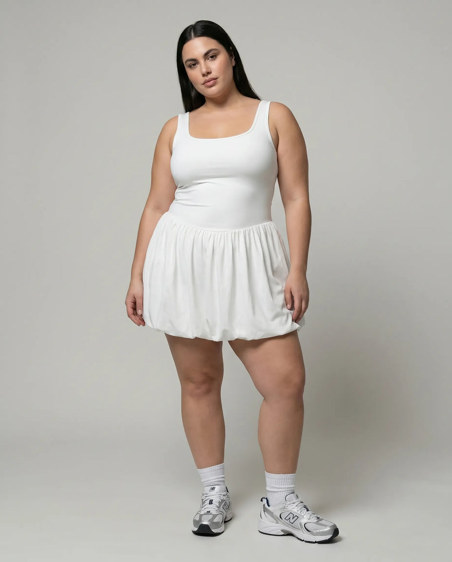 Women Square Neck Tennis Dress Bubble Hem Athletic Mini Dress White