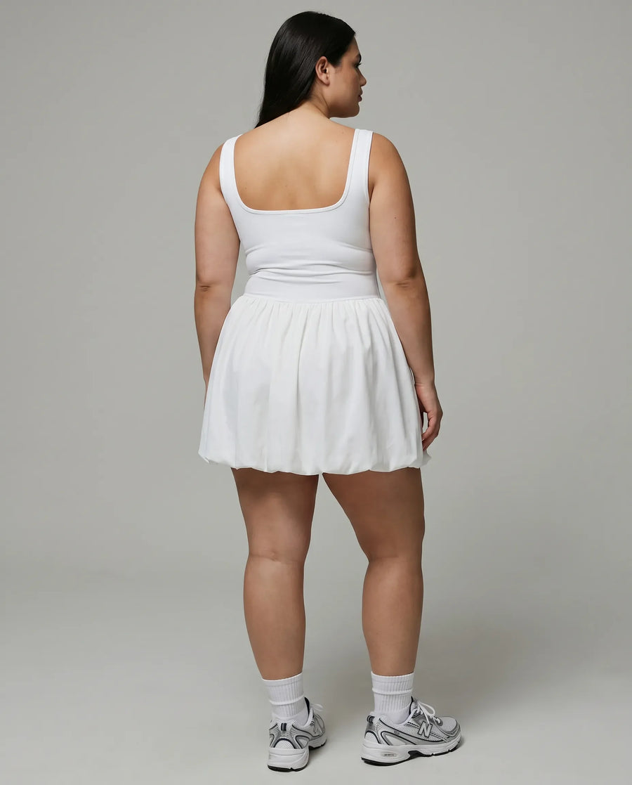 Women Square Neck Tennis Dress Bubble Hem Athletic Mini Dress White