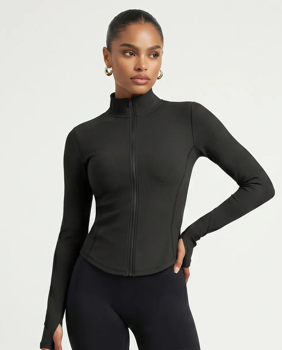 Women Zip-Up Sculpting Long Sleeve Top Black