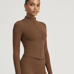 Women Zip-Up Sculpting Long Sleeve Top Brown