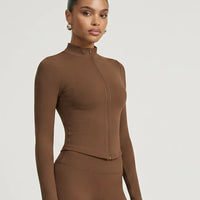 Women Zip-Up Sculpting Long Sleeve Top Brown