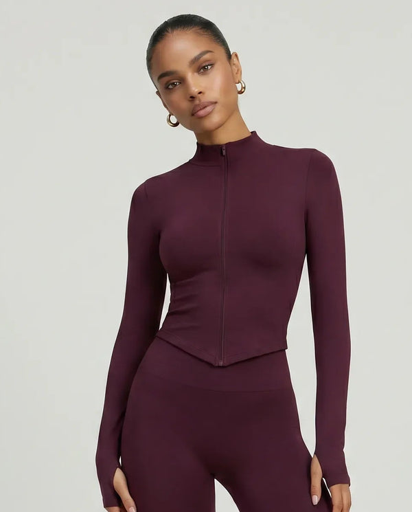 Women Zip-Up Sculpting Long Sleeve Top Burgundy