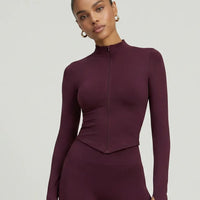 Women Zip-Up Sculpting Long Sleeve Top Burgundy