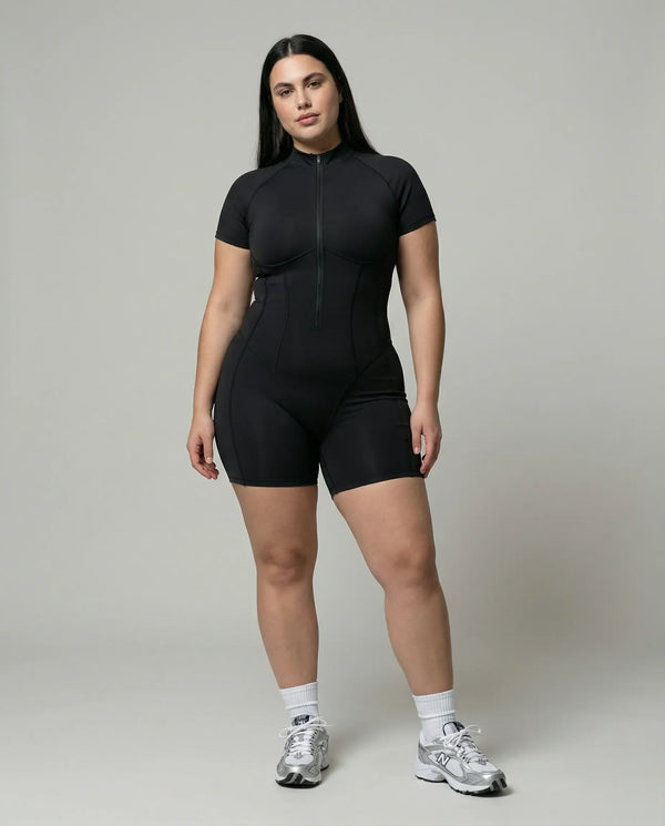 Zip-Up Sculpting Compression Short Sleeve Romper Black