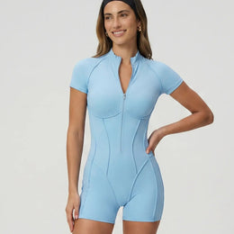 Zip-Up Sculpting Compression Short Sleeve Romper Baby Blue