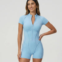 Zip-Up Sculpting Compression Short Sleeve Romper Baby Blue