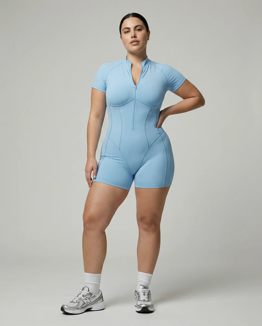 Zip-Up Sculpting Compression Short Sleeve Romper Baby Blue