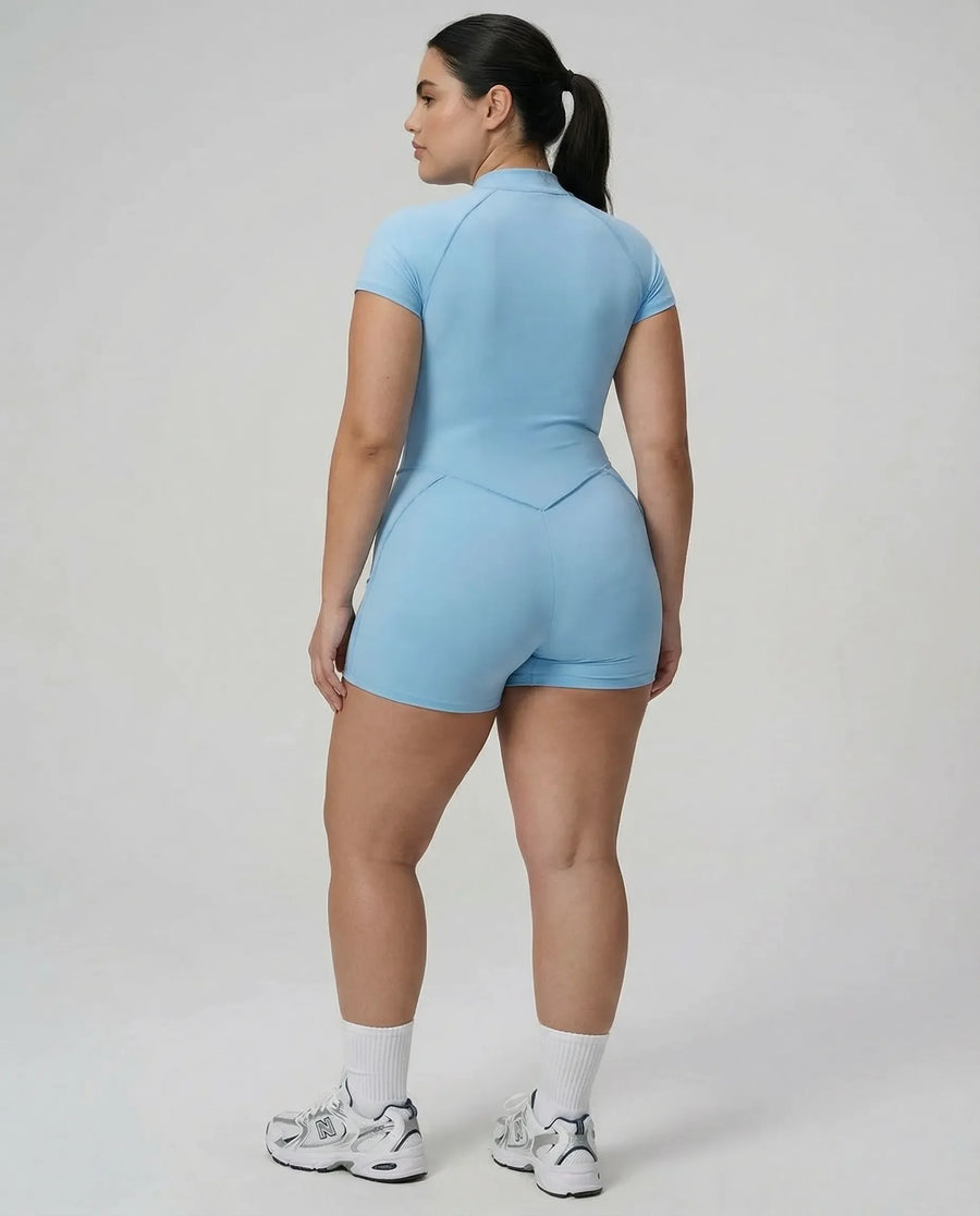 Zip-Up Sculpting Compression Short Sleeve Romper Baby Blue