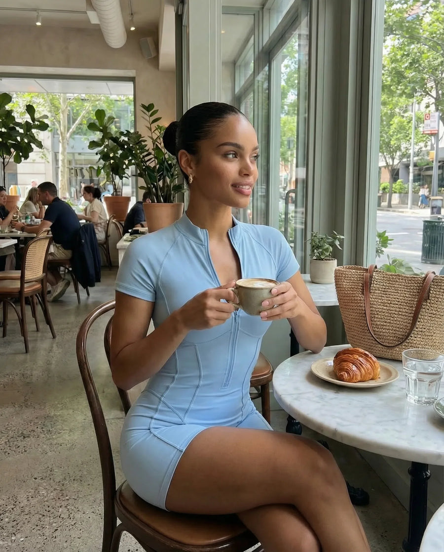 Zip-Up Sculpting Compression Short Sleeve Romper Baby Blue