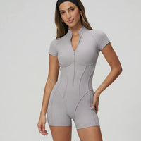 Zip-Up Sculpting Compression Short Sleeve Romper Grey