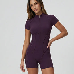 Zip-Up Sculpting Compression Short Sleeve Romper Purple