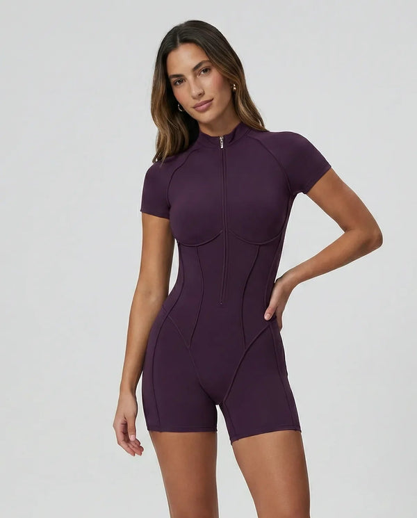 Zip-Up Sculpting Compression Short Sleeve Romper Purple