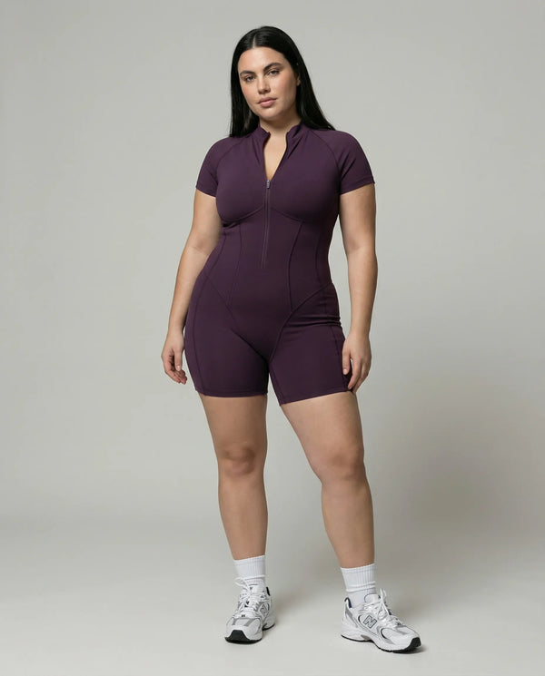 Zip-Up Sculpting Compression Short Sleeve Romper Purple