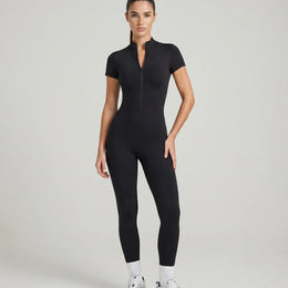Women Seamless Ribbed Zip-Up Jumpsuit Activewear Black
