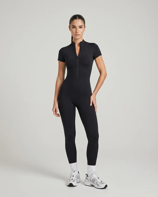 Women Seamless Ribbed Zip-Up Jumpsuit Activewear Black