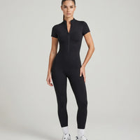 Women Seamless Ribbed Zip-Up Jumpsuit Activewear Black