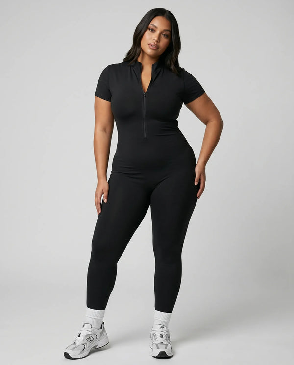 Women Seamless Ribbed Zip-Up Jumpsuit Activewear Black