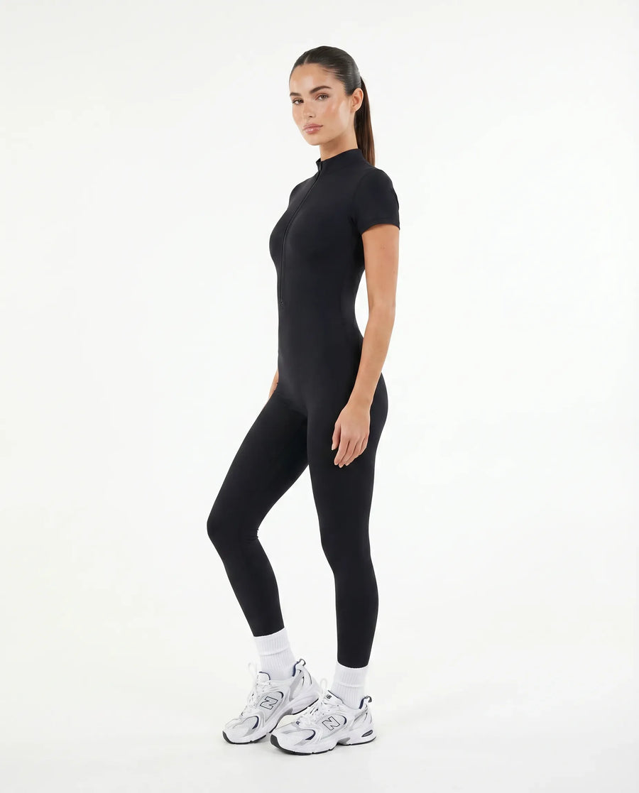 Women Seamless Ribbed Zip-Up Jumpsuit Activewear Black
