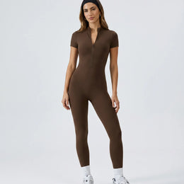 Women Seamless Ribbed Zip-Up Jumpsuit Activewear Brown