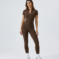 Women Seamless Ribbed Zip-Up Jumpsuit Activewear Brown