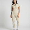 Women Seamless Ribbed Zip-Up Jumpsuit Activewear Beige