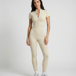 Women Seamless Ribbed Zip-Up Jumpsuit Activewear Beige