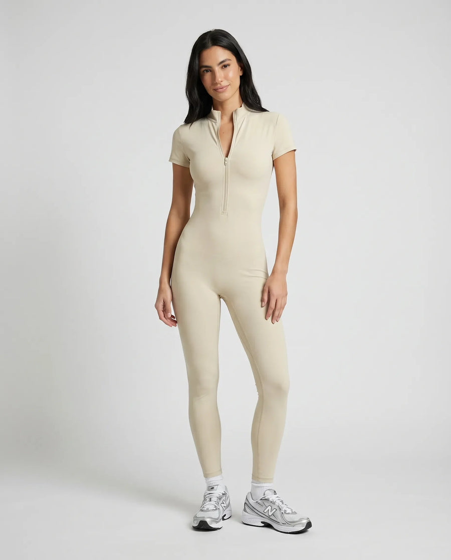 Women Seamless Ribbed Zip-Up Jumpsuit Activewear Beige
