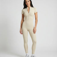 Women Seamless Ribbed Zip-Up Jumpsuit Activewear Beige