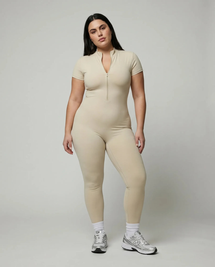 Women Seamless Ribbed Zip-Up Jumpsuit Activewear Beige