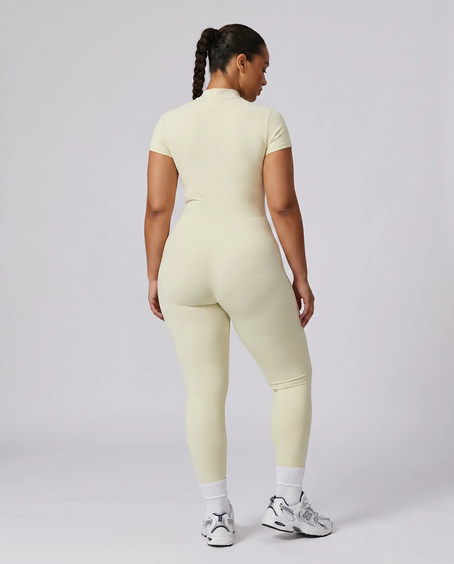 Women Seamless Ribbed Zip-Up Jumpsuit Activewear Beige