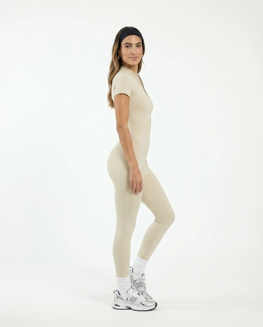 Women Seamless Ribbed Zip-Up Jumpsuit Activewear Beige