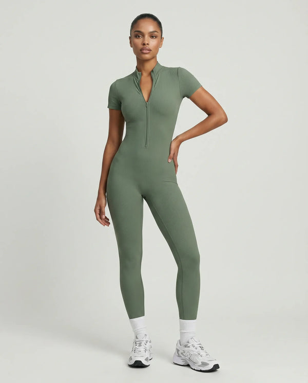 Women Seamless Ribbed Zip-Up Jumpsuit Activewear Green