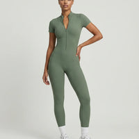 Women Seamless Ribbed Zip-Up Jumpsuit Activewear Green