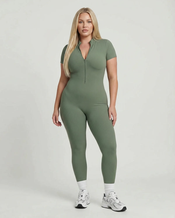 Women Seamless Ribbed Zip-Up Jumpsuit Activewear Green
