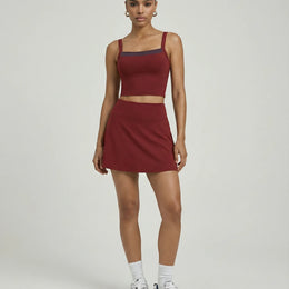 Women Square Neck Padel Matching Set Skirt & Crop Top Burgundy