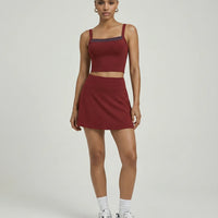 Women Square Neck Padel Matching Set Skirt & Crop Top Burgundy