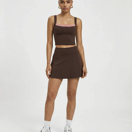 Women Square Neck Padel Matching Set Skirt & Crop Top Brown